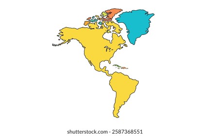 Americas Map Color Separated by Country. High Detailed Political Map of North and South America. Vector Illustration Isolated, eps