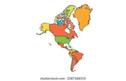 Americas Map Color Separated by Country. High Detailed Political Map of North and South America. Vector Illustration Isolated, eps