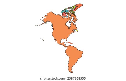 Americas Map Color Separated by Country. High Detailed Political Map of North and South America. Vector Illustration Isolated, eps