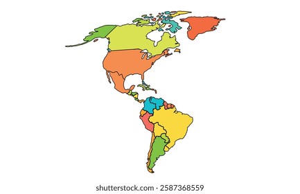 Americas Map Color Separated by Country. High Detailed Political Map of North and South America. Vector Illustration Isolated, eps