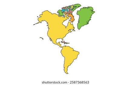 Americas Map Color Separated by Country. High Detailed Political Map of North and South America. Vector Illustration Isolated, eps