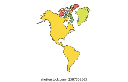 Americas Map Color Separated by Country. High Detailed Political Map of North and South America. Vector Illustration Isolated, eps