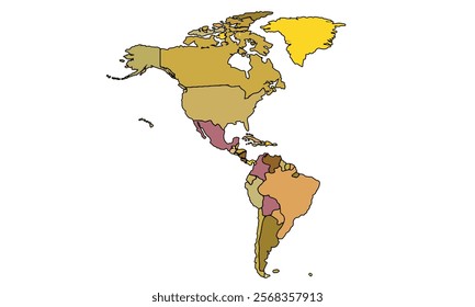 Americas Map Earthy Tones by Country. High Detailed Political Map of North and South America Continent . Vector Illustration Isolated, eps