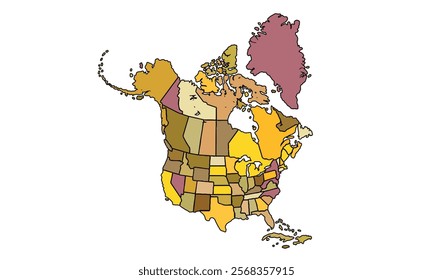 Americas Map Earthy Tones by Country. High Detailed Political Map of North America Continent . Vector Illustration Isolated, eps.