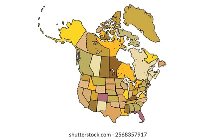 Americas Map Earthy Tones by Country. High Detailed Political Map of North America Continent . Vector Illustration Isolated, eps.