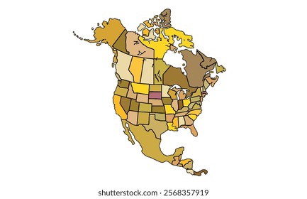 Americas Map Earthy Tones by Country. High Detailed Political Map of North America Continent . Vector Illustration Isolated, eps.