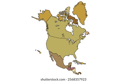 Americas Map Earthy Tones by Country. High Detailed Political Map of North America Continent . Vector Illustration Isolated, eps.