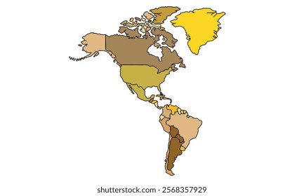 Americas Map Earthy Tones by Country. High Detailed Political Map of North and South America Continent . Vector Illustration Isolated, eps