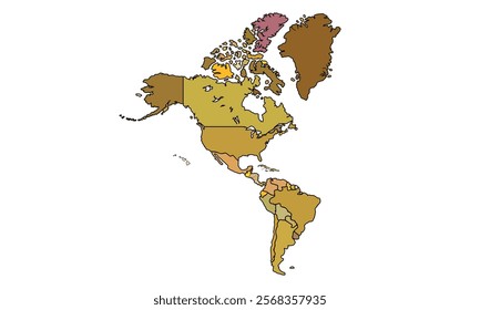 Americas Map Earthy Tones by Country. High Detailed Political Map of North and South America Continent . Vector Illustration Isolated, eps