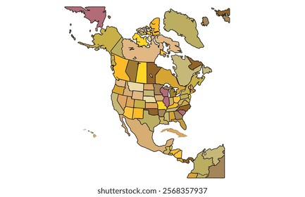 Americas Map Earthy Tones by Country. High Detailed Political Map of North and South America Continent . Vector Illustration Isolated, eps