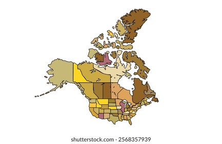 Americas Map Earthy Tones by Country. High Detailed Political Map of North America Continent . Vector Illustration Isolated, eps.