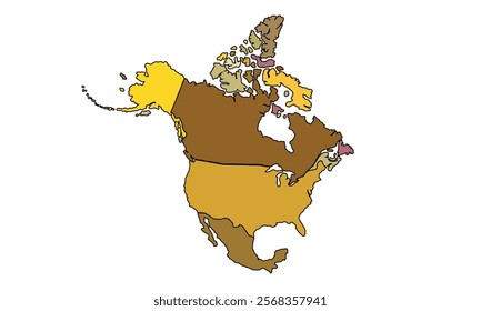 Americas Map Earthy Tones by Country. High Detailed Political Map of North America Continent . Vector Illustration Isolated, eps.