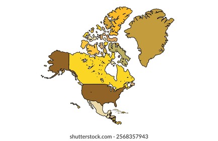 Americas Map Earthy Tones by Country. High Detailed Political Map of North America Continent . Vector Illustration Isolated, eps.