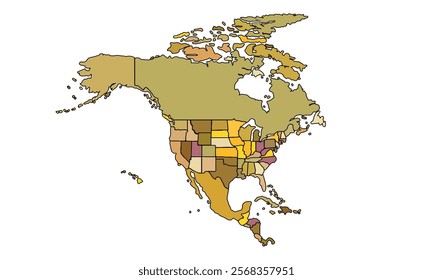 Americas Map Earthy Tones by Country. High Detailed Political Map of North America Continent . Vector Illustration Isolated, eps.