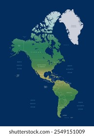 Mapa das Américas em Cor de Gradiente no Plano de Fundo Azul Escuro. Mapa Político Detalhado do Continente Norte e Sul da América. Ilustração de vetor isolada, eps