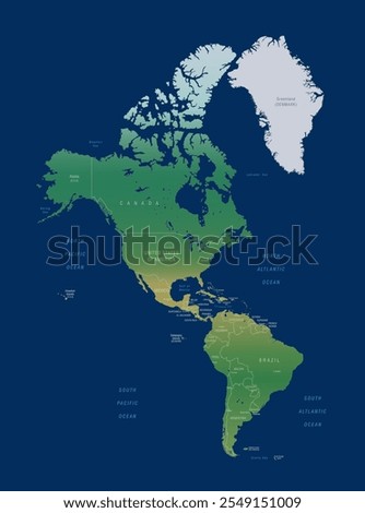 Americas Map in Gradient Color on Dark Blue Background. High Detailed Political Map of North and South America Continent. Vector Illustration Isolated, eps