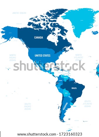 Americas map - green hue colored on dark background. High detailed political map of North and South America continent with country, capital, ocean and sea names labeling.