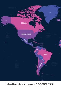 Americas map. High detailed political map of North and South America continent with country, capital, ocean and sea names labeling.