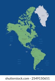 Mapa das Américas em Verde-claro sobre fundo azul-escuro. Mapa Político Detalhado do Continente Norte e Sul da América. Ilustração de vetor isolada, eps