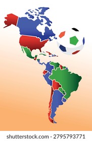Americas map with soccer ball. Modern football championship illustration featuring North America and South America for world tournament, league competition and international sports event design.