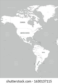 Americas map - white lands and grey water. High detailed political map of North and South America continent with country, capital, ocean and sea names labeling.