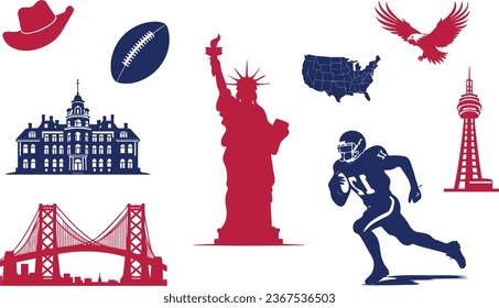 America's most famous historical places and things. Whitehouse. Map, Tower, Bridge, Football, Cap