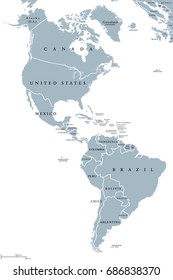 The Americas political map with countries and borders of the two continents North and South America. English labeling. Gray illustration on white background. Vector.