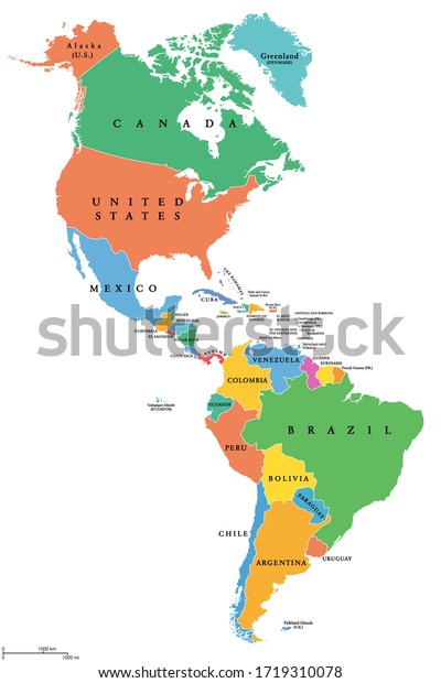 The Americas Single States Political Map With National Borders Caribbean North Central And 7807