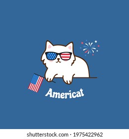 Americat. Funny Greeting Card Design. American Cat. 4th Of July. Vector