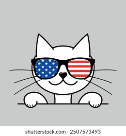 americat, funny white cat character wearing stripes and stars sunglasses sticker, vector illustration