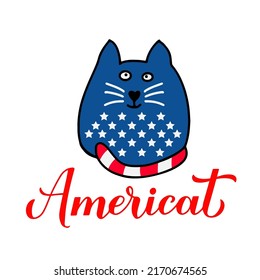 Amerikanische Schrift. Der Unabhängigkeitstag ist in Mode. Kute Katze in den Farben der amerikanischen Flagge. Patriotisches Design. Vektorvorlage für Typografie-Poster, Banner, Zeichen, Grußkarte, Hemd, etc.