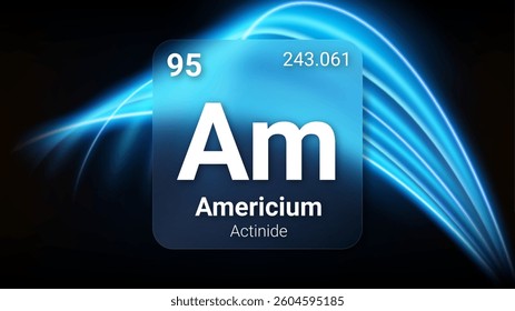 Americium (Am) (095) Actinide, Glass Morphism Element Futuristic Neon Light Glow Background Periodic Table, Chemical Symbol, Name, Atomic Mass, Atomic Number, Vector Illustration