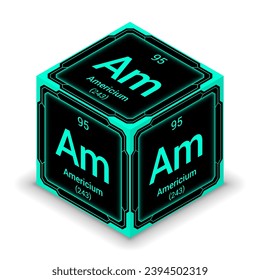 Americium (Am) (095) - Fundamental Element Futuristic Cybernetic Cube Block Isometric View, Icon Isolated White Background, Periodic Table, Chemical Symbol, Name, Atomic Mass, Atomic Number