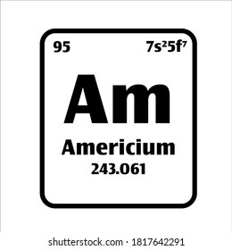 Americium (Am) button on black and white background on the periodic table of elements with atomic number or a chemistry science concept or experiment.	