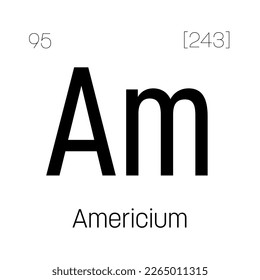 Americio, Am, elemento de tabla periódica con nombre, símbolo, número atómico y peso. Elemento radiactivo sintético utilizado en detectores de humo, como fuente de neutrones para la investigación científica, y potencial