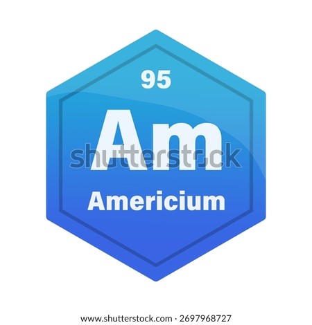 Americium chemical element tile. Atomic number ninety five. Am sign Vector icon. Dark blue gradient hexagon.