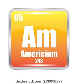 Americium element symbol. Atomic number 95. Mass 243. Yellow square icon.