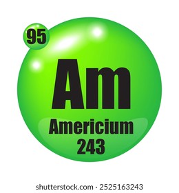 Americium icon. Am chemical element. Atomic number 95. Mass 243. Green sphere symbol.