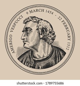 Amerigo Vespucci 1454 to 1512 he was an Italian explorer financier navigator and cartographer vintage line drawing or engraving illustration