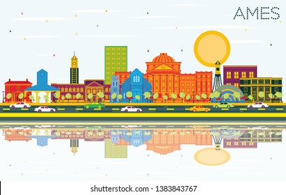 Ames Iowa City Skyline with Color Buildings, Blue Sky and Reflections. Vector Illustration. Business Travel and Tourism Illustration with Historic Architecture. Ames Cityscape with Landmarks.