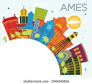 Ames Iowa City Skyline with Color Buildings, Blue Sky and Copy Space. Vector Illustration. Business Travel and Tourism Illustration with Historic Architecture. Ames Cityscape with Landmarks.