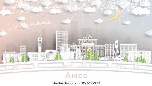 Ames Iowa City Skyline in Paper Cut Style with Snowflakes, Moon and Neon Garland. Vector Illustration. Christmas and New Year Concept. Santa Claus on Sleigh. Ames USA Cityscape and Landmarks.