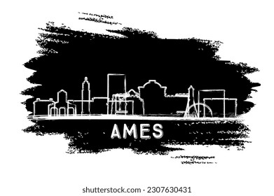 Ames Iowa City Skyline Silhouette. Hand Drawn Sketch. Business Travel and Tourism Concept with Modern Architecture. Vector Illustration. Ames USA Cityscape with Landmarks.