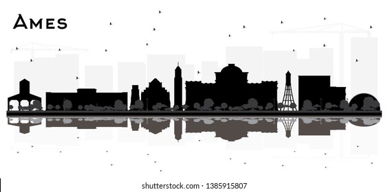 Ames Iowa skyline black and white silhouette with Reflections. Vector illustration. Simple flat concept for tourism presentation, banner or web site. Business travel concept. Cityscape with landmarks.