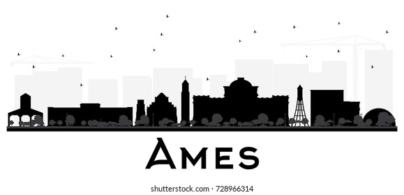 Ames Iowa skyline black and white silhouette. Vector illustration. Simple flat concept for tourism presentation, banner, placard or web site. Business travel concept. Cityscape with landmarks.