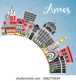 Ames Iowa Skyline with Color Buildings, Blue Sky and Copy Space. Vector Illustration. Business Travel and Tourism Illustration with Historic Architecture.