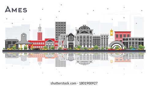 Ames Iowa Skyline with Color Buildings and Reflections Isolated on White. Vector Illustration. Business Travel and Tourism Illustration with Historic Architecture.