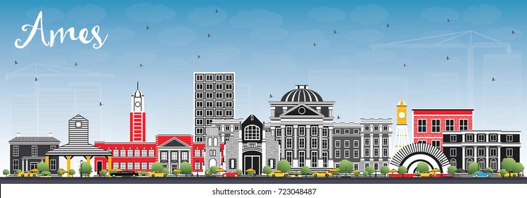 Ames Iowa Skyline with Color Buildings and Blue Sky. Vector Illustration. Business Travel and Tourism Illustration with Historic Architecture.