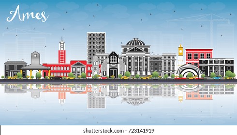 Ames Iowa Skyline with Color Buildings, Blue Sky and Reflections. Vector Illustration. Business Travel and Tourism Illustration with Historic Architecture.