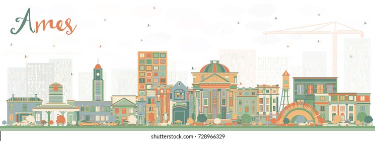 Ames Iowa Skyline with Color Buildings. Vector Illustration. Business Travel and Tourism Illustration with Historic Architecture.